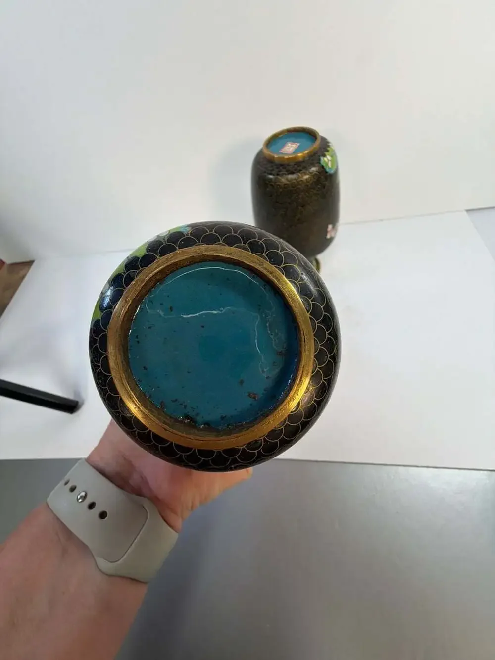 Vintage‎ Pair of Chinese Cloisonné Floral Vases Black Enamel